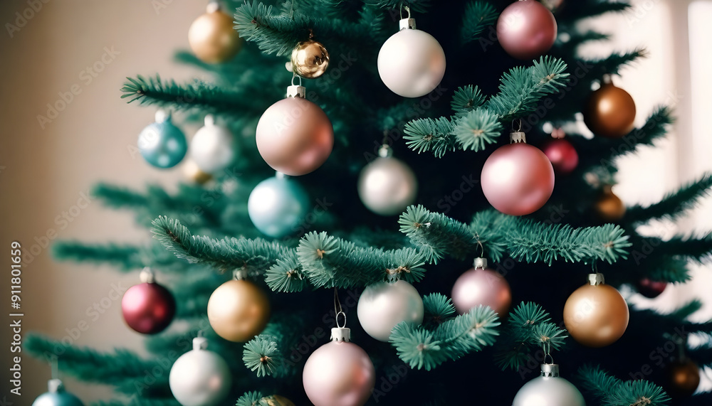 Close-Up of a Christmas Tree Branch Decorated with Shimmering Ornaments and Softly Glowing Lights Creating a Warm and Festive Ambiance Close-Up of a Christmas Tree Branch Decorated with Shimmering Ornaments and Softly Glowing Lights Creating a Warm and Festive Ambiance