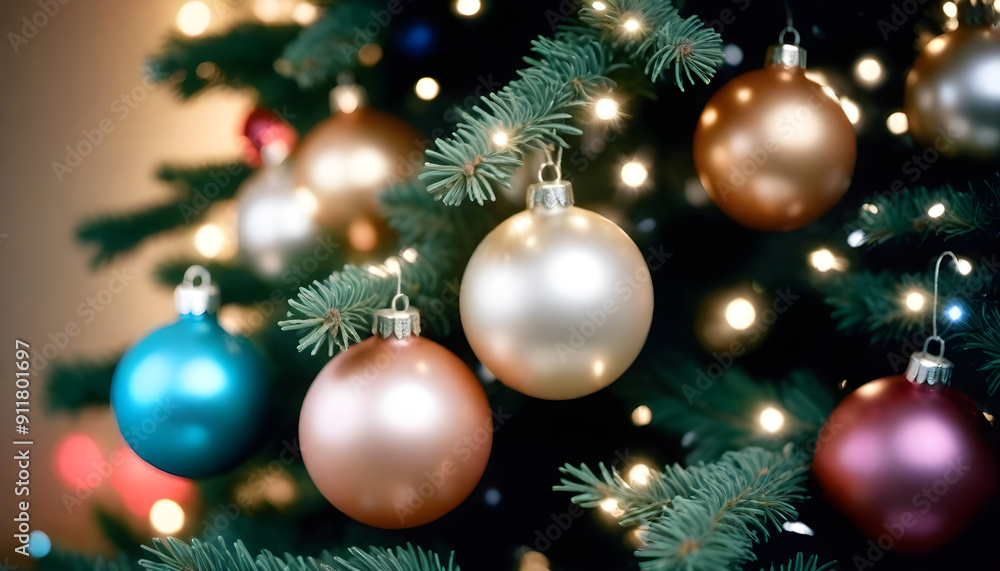 Close-Up of a Christmas Tree Branch Decorated with Shimmering Ornaments and Softly Glowing Lights Creating a Warm and Festive Ambiance Close-Up of a Christmas Tree Branch Decorated with Shimmering Ornaments and Softly Glowing Lights Creating a Warm and Festive Ambiance