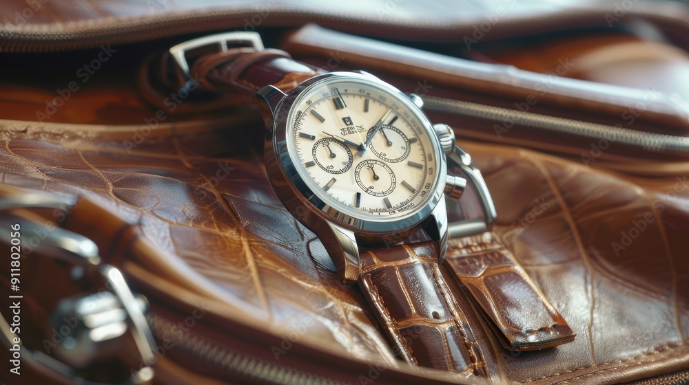 Fototapeta premium A stylish chronograph watch lies atop a luxurious leather bag, showcasing fine craftsmanship and rich materials