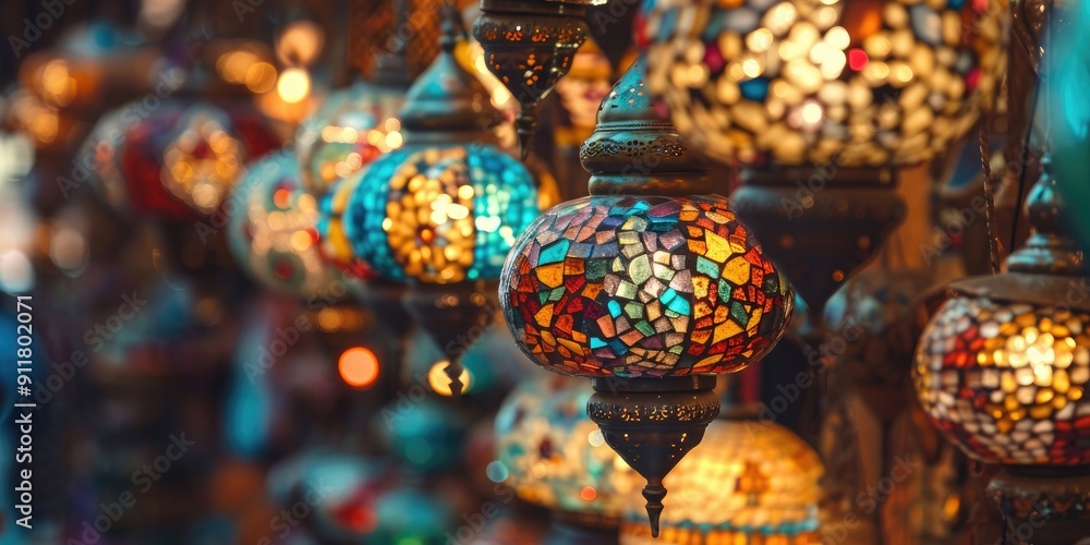 Beautiful traditional Turkish handcrafted lamps in a souvenir store Glass mosaic in vibrant colors Illuminated at night setting a warm ambiance Beautiful traditional Turkish handcrafted lamps in a souvenir store Glass mosaic in vibrant colors Illuminated at night setting a warm ambiance