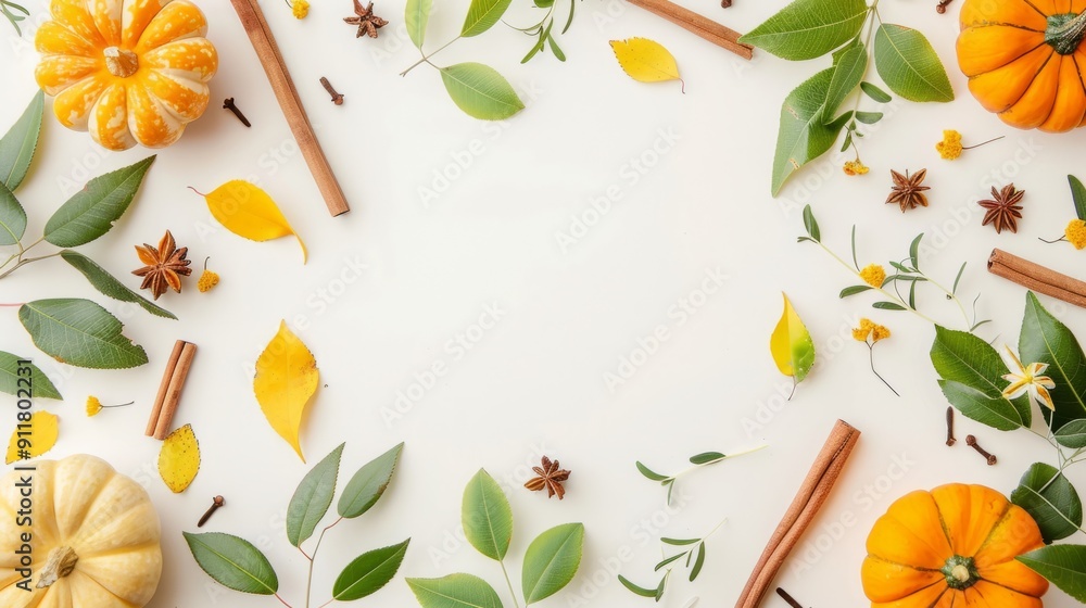 Fototapeta premium Minimal flat lay thanksgiving background with mini pumpkins, yellow and green leaves, and cinnamon sticks generative ai