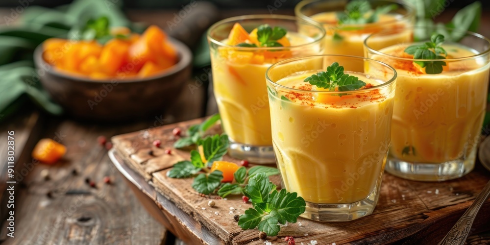 Seasonal vegetable orange cream soup served in glasses on wooden table Seasonal vegetable orange cream soup served in glasses on wooden table
