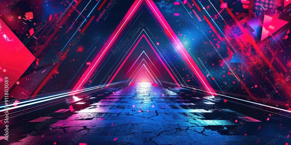 Neon lights create a glowing triangle tunnel. Neon lights create a glowing triangle tunnel.