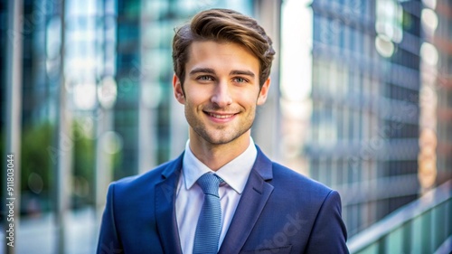 Young man in a business suit, professional headshot, bright daylight, confident and approachable.