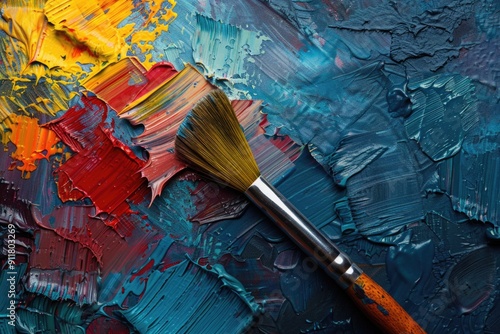 Close-up of a paint brush on a painting palette, great for art and craft related images