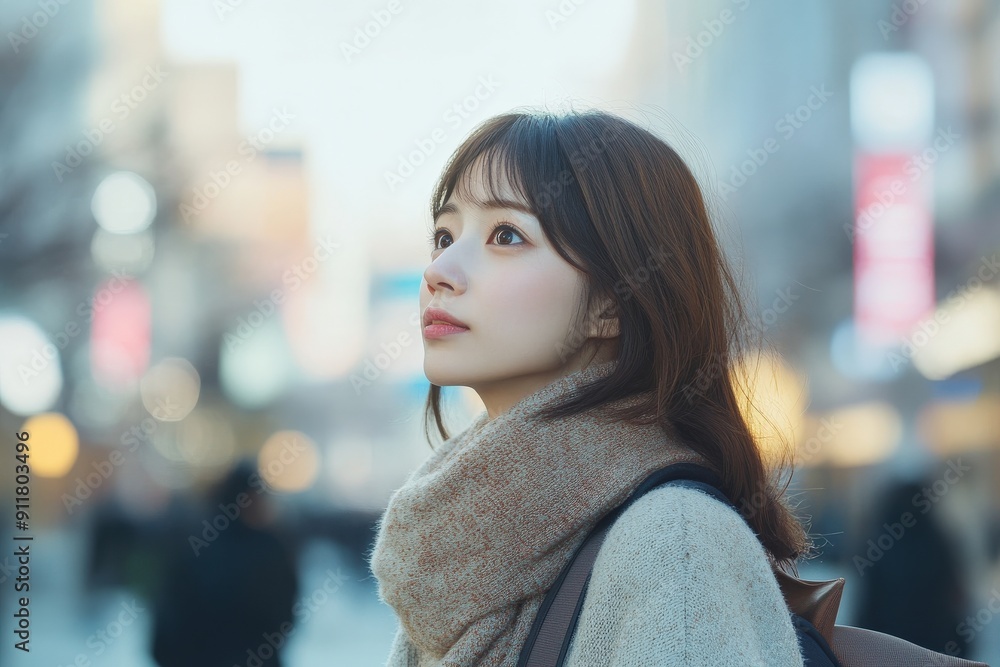冬の日差しの元、女性が都市の風景を見つめながら穏やかな瞬間を楽しんでいる。 冬の日差しの元、女性が都市の風景を見つめながら穏やかな瞬間を楽しんでいる。