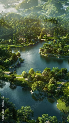 Hilltop Harmony: Serene Lake and Lush Green Park 
