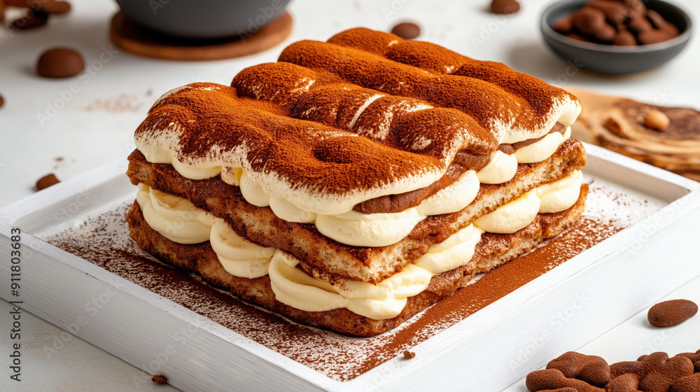 Traditional Italian food Tiramisu. The image shows a rectangular layered dessert with mascarpone cream between coffee-soaked ladyfingers and a dusting of cocoa powder. Traditional Italian food Tiramisu. The image shows a rectangular layered dessert with mascarpone cream between coffee-soaked ladyfingers and a dusting of cocoa powder.