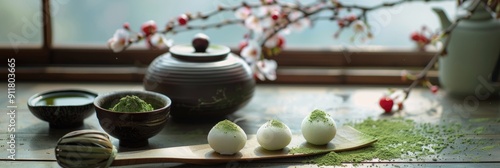 Japanese tea ceremony with mochi matcha green tea powder and cherry photo