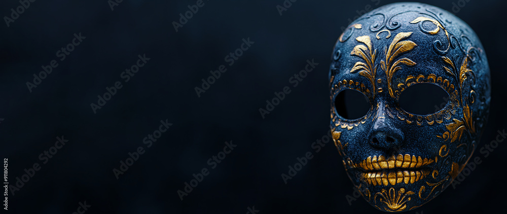 Mask for Day of the Dead festival in Mexico, Dia de los Muertos for banners posters backgrounds, dark background with copy space, Ritual mask, cult mask. Africa Mask for Day of the Dead festival in Mexico, Dia de los Muertos for banners posters backgrounds, dark background with copy space, Ritual mask, cult mask. Africa