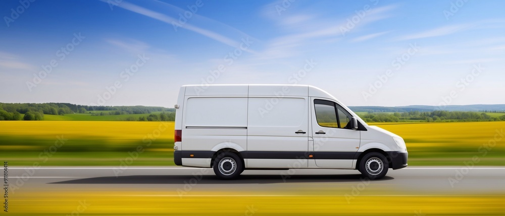 White delivery van riding on the countryside road with yellow field and blue sky delivering goods. Generative ai White delivery van riding on the countryside road with yellow field and blue sky delivering goods. Generative ai