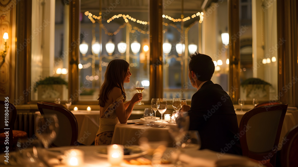 Elegant couple dining together in a luxurious restaurant, surrounded by dim lighting and elegant décor. Elegant couple dining together in a luxurious restaurant, surrounded by dim lighting and elegant décor.
