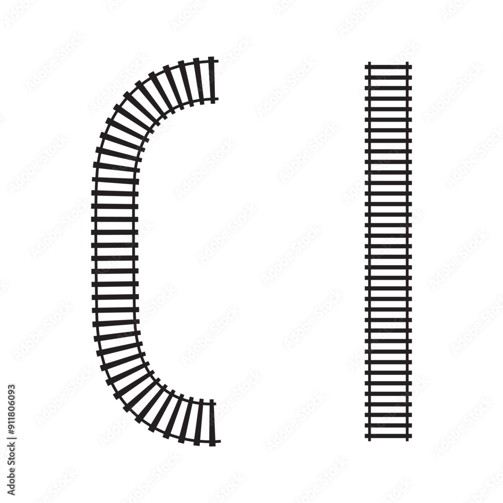 Railroad segments. Fence or stairs textures. Railway elements top view. Train track straight and curved lines isolated on white background. Vector graphic illustration Railroad segments. Fence or stairs textures. Railway elements top view. Train track straight and curved lines isolated on white background. Vector graphic illustration