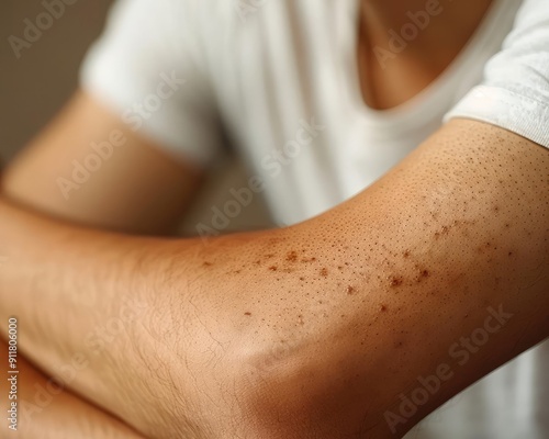 Closeup of a discoloration on a persons arm, showing discomfort photo