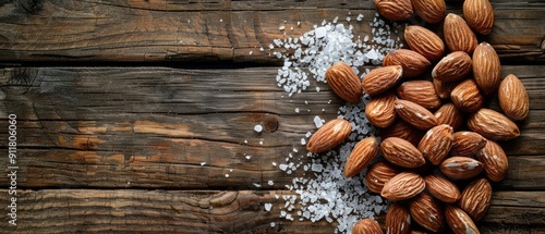 Closeup of roasted almonds sprinkled with salt, on a rustic wooden table