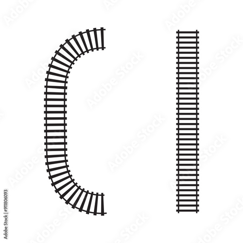 Railroad segments. Fence or stairs textures. Railway elements top view. Train track straight and curved lines isolated on white background. Vector graphic illustration