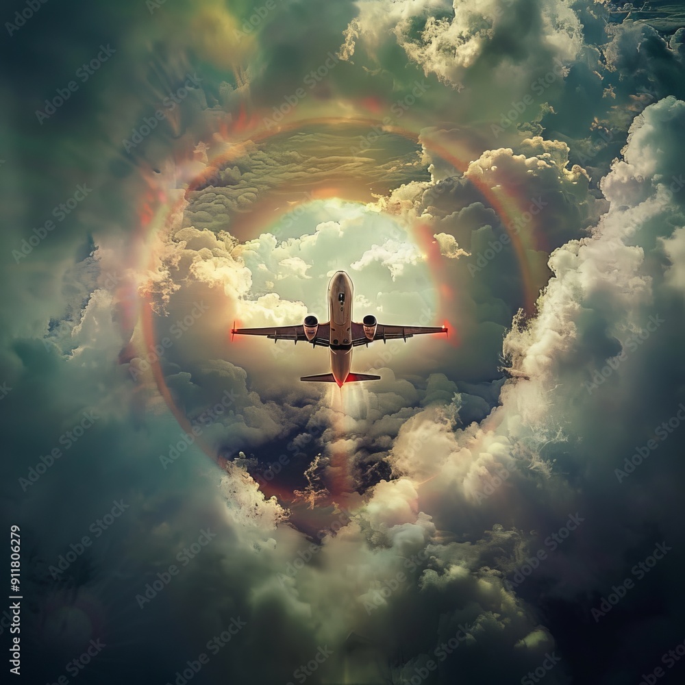 Fototapeta premium A rainbow is formed around an airplane flying through the sky. Concept of wonder and awe at the beauty of nature and the power of flight