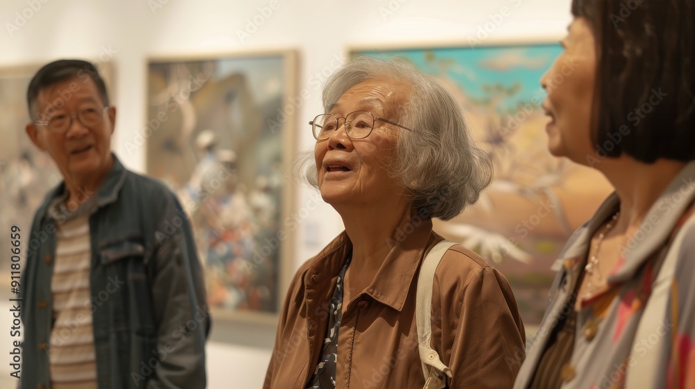 Three elderly individuals admire artwork while discussing their experiences in an art gallery Three elderly individuals admire artwork while discussing their experiences in an art gallery