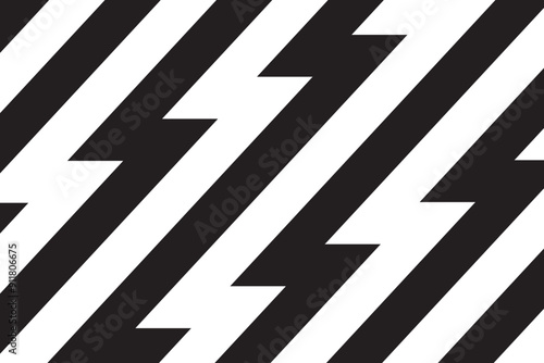 Black and white zigzag lines wallpaper. Thunderbolt background. Electric power, flash light, jagged stripes banner. Superhero, boom, speed or shock anime cartoon print. Vector graphic illustration