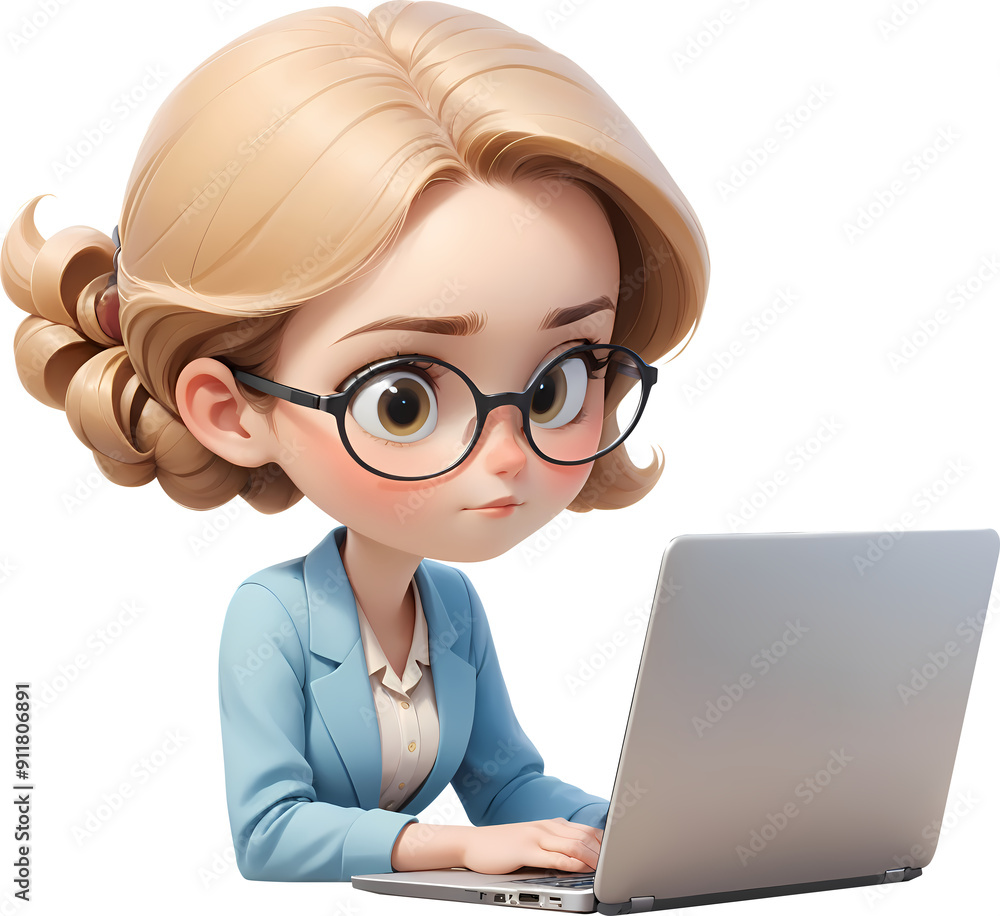 3D illustration icon of a young female office worker looking at a laptop 3D illustration icon of a young female office worker looking at a laptop