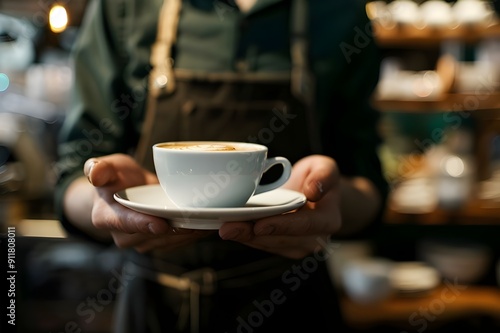 A barista holding out coffee in a white cup and saucer to a customer  wearing a dark green shirt with a black apron  blurred background of a modern cafe interior  close-up shot from the front view.