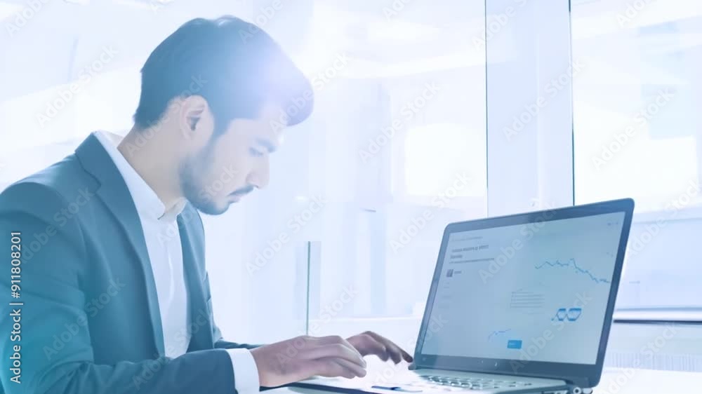 Man Working on Laptop in Bright White Office Environment Generative AI Man Working on Laptop in Bright White Office Environment Generative AI