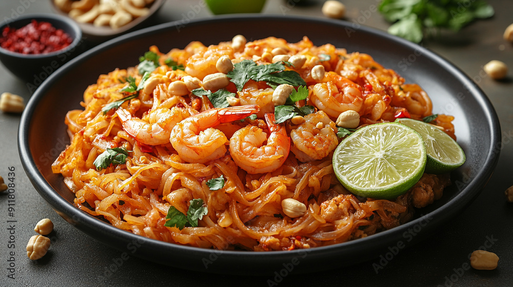Pad Thai fried rice noodles with shrimp. The dish features vibrant colors, fresh ingredients, and a garnish of lime and peanuts, symbolizing Thai culinary artistry Pad Thai fried rice noodles with shrimp. The dish features vibrant colors, fresh ingredients, and a garnish of lime and peanuts, symbolizing Thai culinary artistry