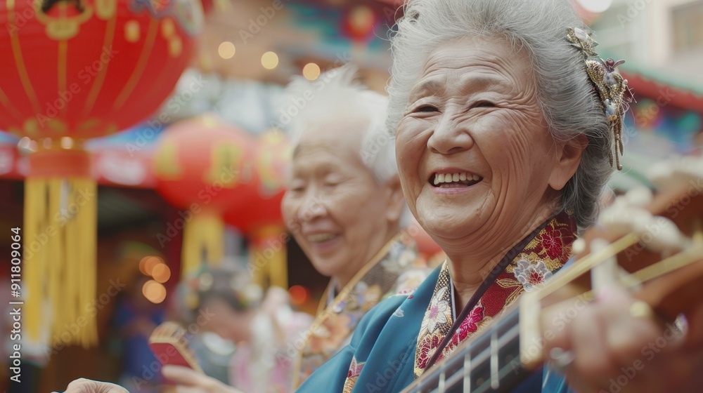 Obraz premium Two smiling elderly women in traditional attire enjoy playing music during a vibrant cultural festival