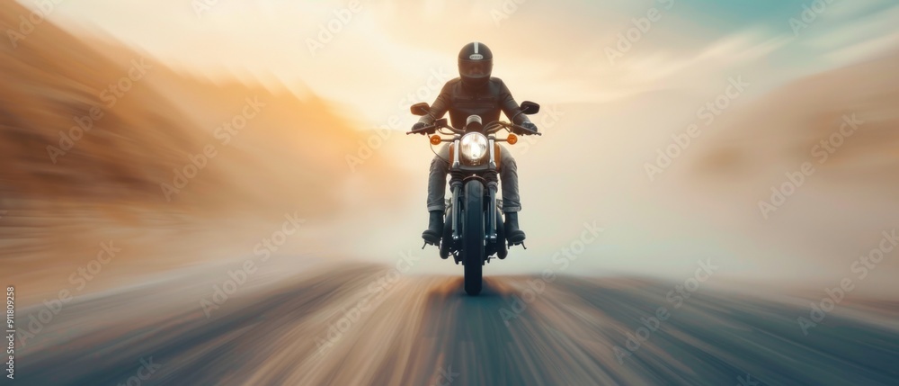 Fototapeta premium Rider on a motorcycle at a city park, skyline in the distance, natural lighting, copy space