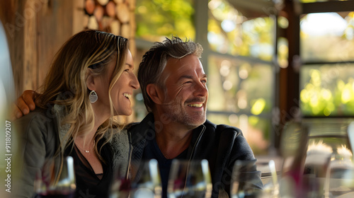 Romantic couple sipping wine at a vineyard, surrounded by lush greenery on a sunny day.