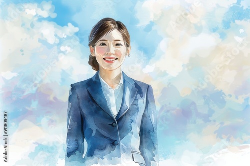 青空と笑顔の女性会社員の水彩画（就活・転職・就職・会社・仕事・ビジネスウーマン）