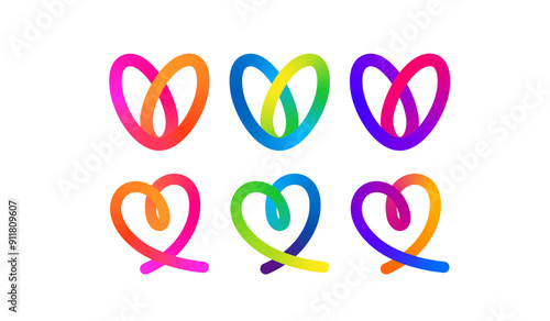 Set of Colorful Heart Shapes in Gradient. Vector Love Icons. Squiggly Heart Illustrations for Valentine's Day