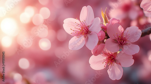 serene spring landscape featuring vibrant pink cherry blossoms in full bloom. The delicate flowers symbolize renewal, beauty, and the fleeting nature of life, creating a tranquil and picturesque scene