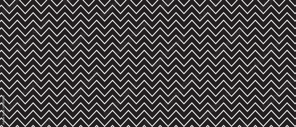Parallel zigzag lines background. Black and white zig zag pattern. Serrated or corrugated texture. Horizontal jagged stripes. Simple minimalistic graphic print. Vector illustration