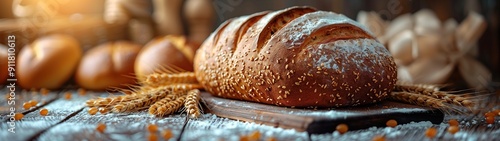 Fresh bread with ears of wheat.