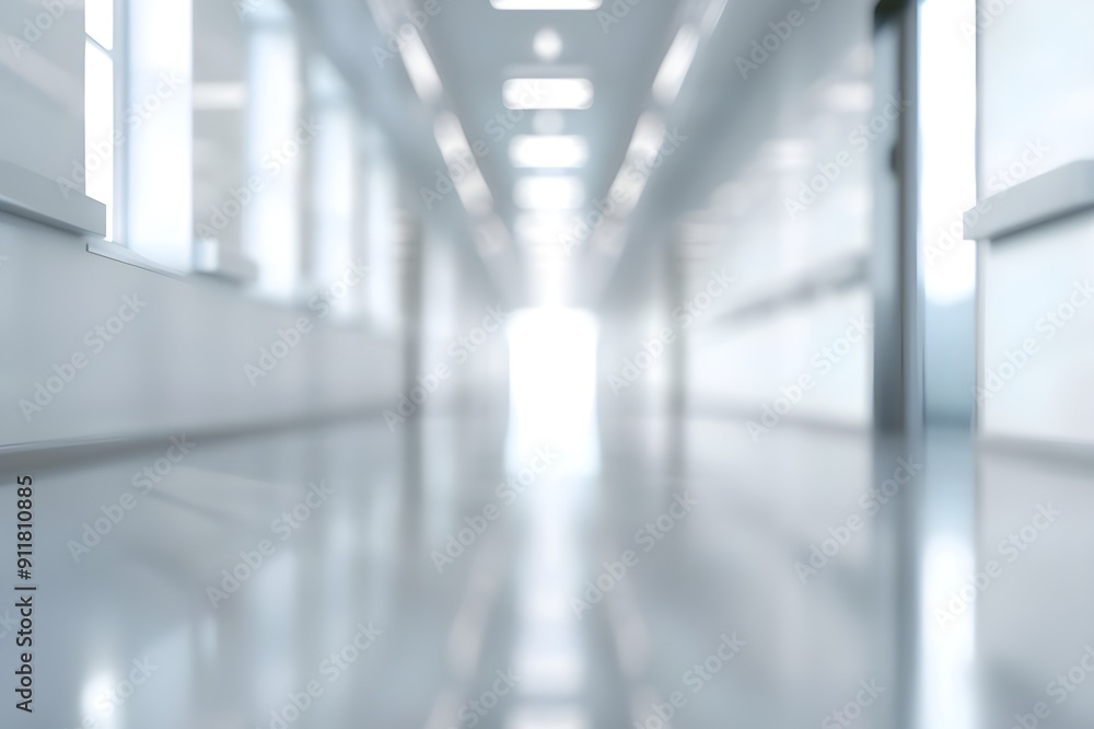 Blurred background of a hospital corridor with panoramic windows and lights, featuring a white color theme. Abstract blurred background for design use. Blurred background of a hospital corridor with panoramic windows and lights, featuring a white color theme. Abstract blurred background for design use.