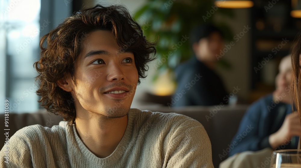 カフェで友人と過ごす男性が穏やかな笑顔を見せ、リラックスした雰囲気を楽しんでいる。 カフェで友人と過ごす男性が穏やかな笑顔を見せ、リラックスした雰囲気を楽しんでいる。