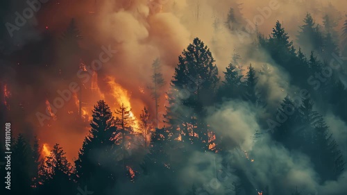 Wallpaper Mural A forest fire is raging through a wooded area, with smoke billowing up into the sky. The trees are blackened and charred, and the sky is filled with smoke. The scene is intense and dramatic Torontodigital.ca