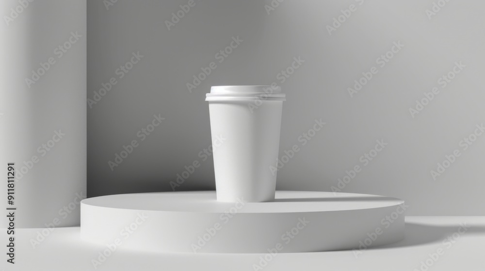 White Paper Coffee Cup on Podium, Design Poster Mockup, AI Created White Paper Coffee Cup on Podium, Design Poster Mockup, AI Created