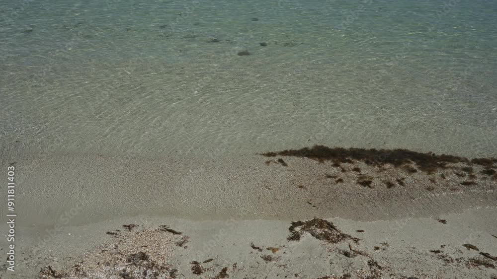 Serene seaside view of shallow, crystal-clear water meeting sandy shore in porto cesareo, italy, puglia, salento, capturing the essence of a tranquil, beach scene. Serene seaside view of shallow, crystal-clear water meeting sandy shore in porto cesareo, italy, puglia, salento, capturing the essence of a tranquil, beach scene.