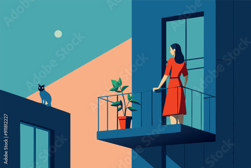 Vector illustration of woman standing alone on the balcony looking at the city