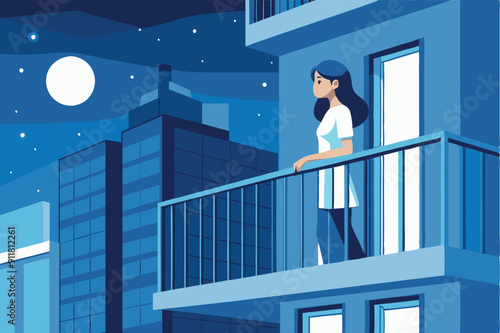 Vector illustration of woman standing alone on the balcony looking at the sleeping city at night