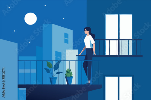Vector illustration of woman standing alone on the balcony looking at the sleeping city at night