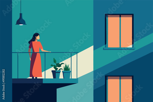 Vector illustration of woman standing alone on the balcony looking at the city