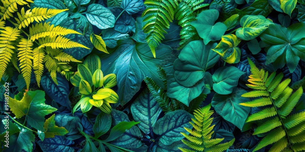 A lush assortment of tropical green leaves. A lush assortment of tropical green leaves.