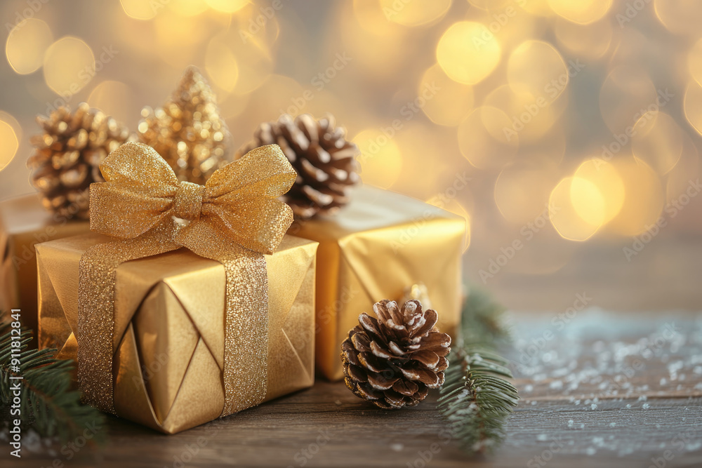 Christmas golden gift boxes on a shiny festive background. New Year present holiday concept Christmas golden gift boxes on a shiny festive background. New Year present holiday concept
