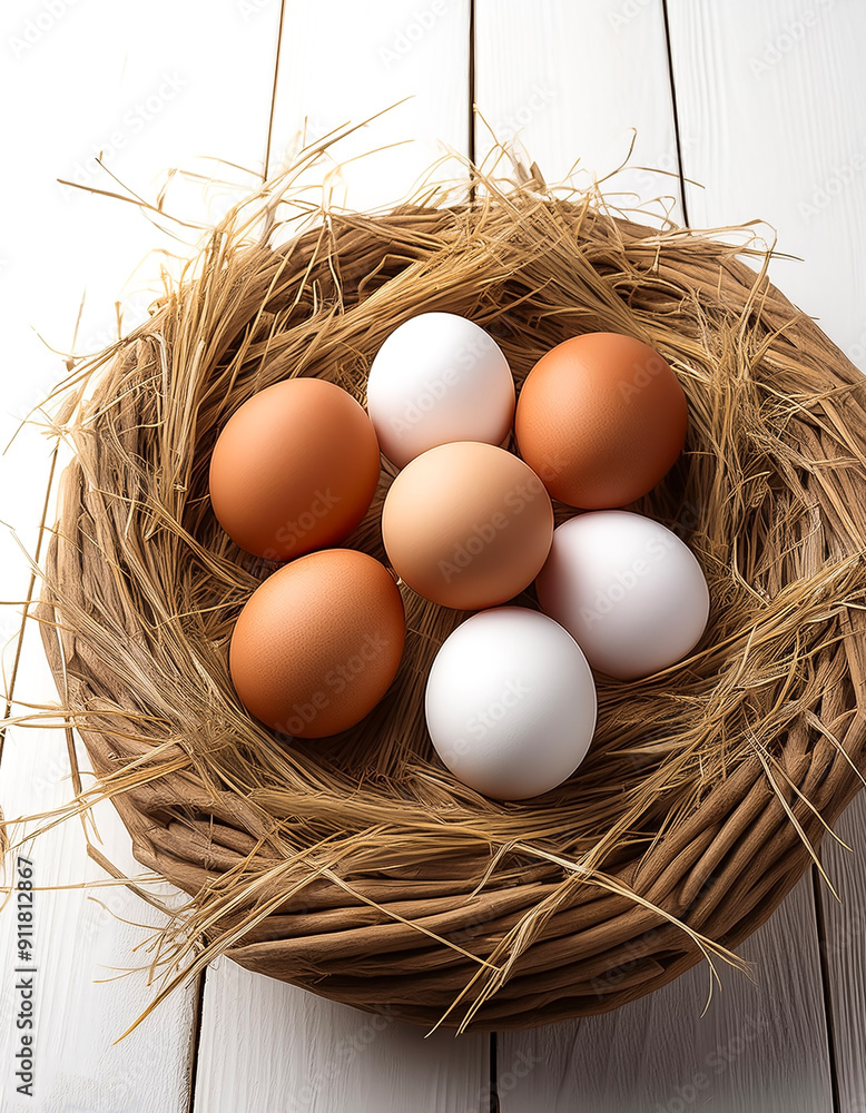 Farm eggs basket in hay on a wooden surface healthy food isolated on white background Farm eggs basket in hay on a wooden surface healthy food isolated on white background