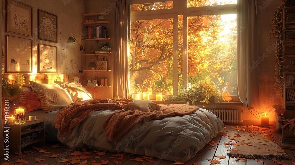 Cozy Autumn Bedroom with Sunlight Streaming Through Window Cozy Autumn Bedroom with Sunlight Streaming Through Window