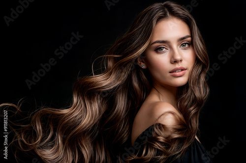 portrait woman with shiny brown hair,suitable for advertising hair care products,beauty salon marketing materials,fashion blog posts,editorial articles in magazines dedicated to health,beauty of hair