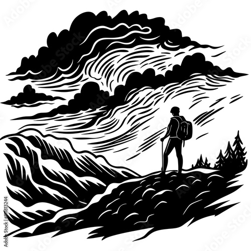 Silhouette of a Hiker on a Hilltop